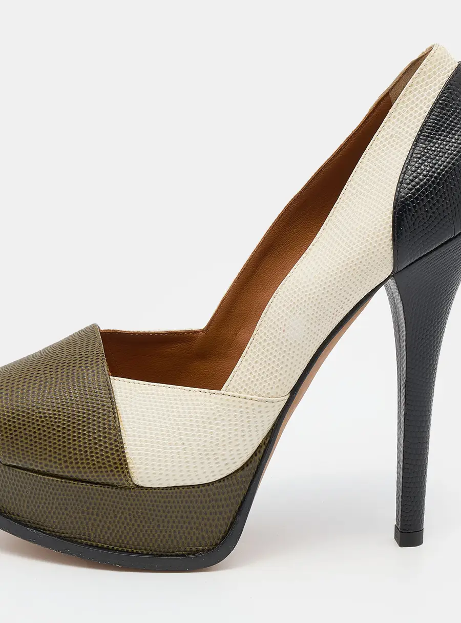 Fendi Tricolor Iguana Leather Fendista Peep Toe Platform Pumps Size 41