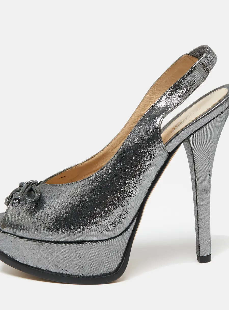 Fendi Metallic Grey Suede Fendista Peep Toe Slingback Platform Sandals Size 38.5