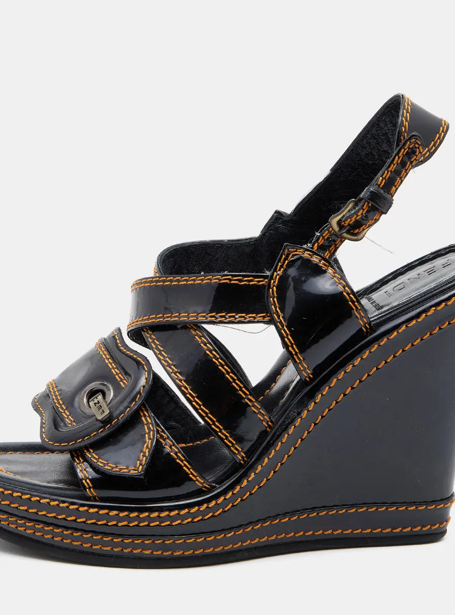Fendi Black Patent Leather B Buckle Platform Wedge Sandals Size 37.5