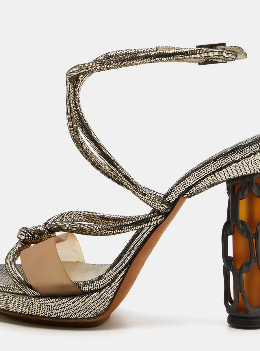 Fendi Metallic Grey Lizard Embossed Leather Chain Cage Heel Platform Sandals Size 40