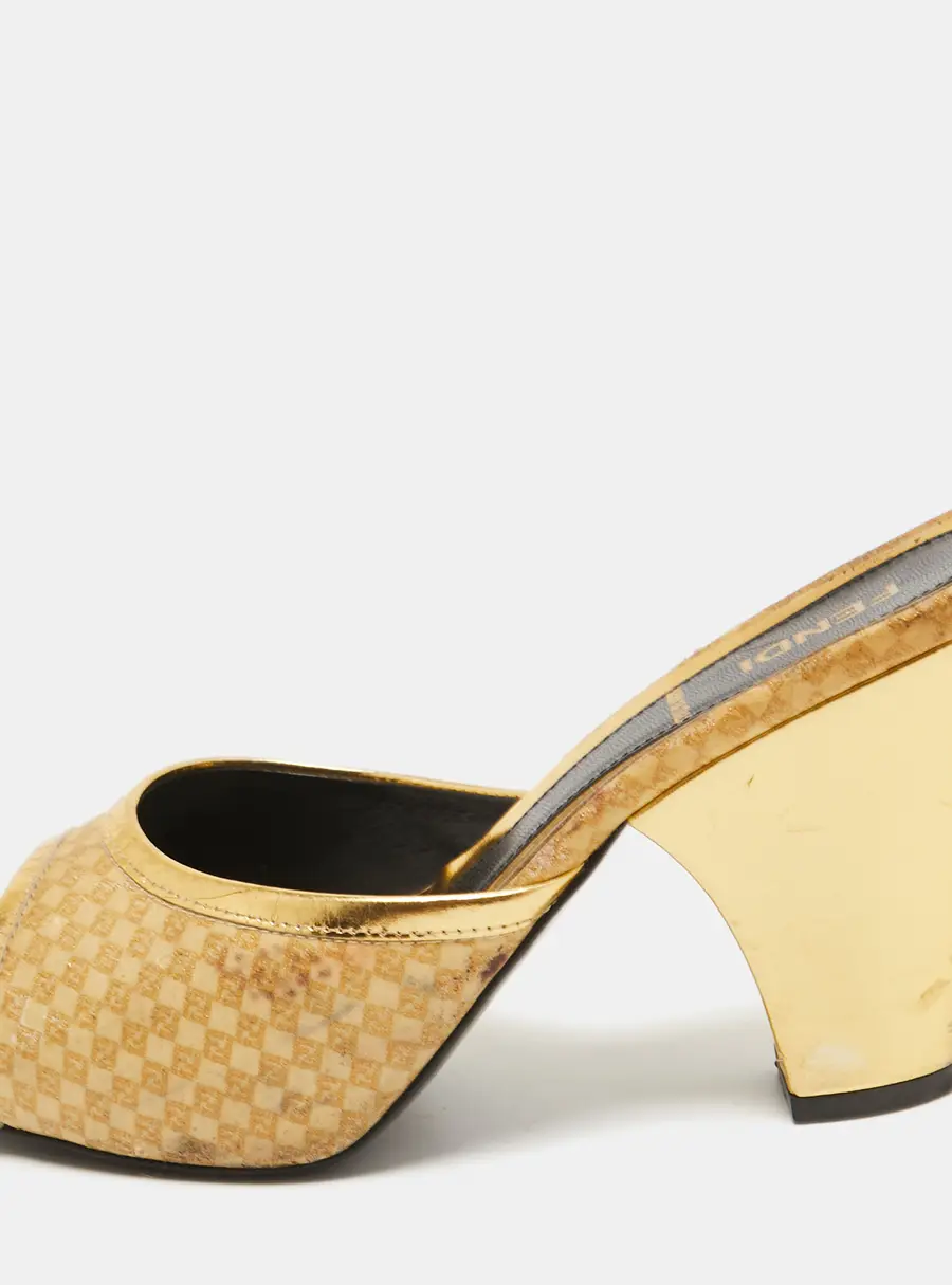 Fendi Gold Leather and Printed Fabric Open Toe Sandals Size 36