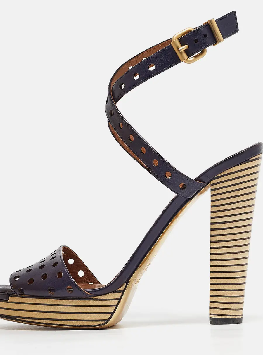Fendi Navy Blue Perforated Leather Ankle Strap Platform Sandals Size 40