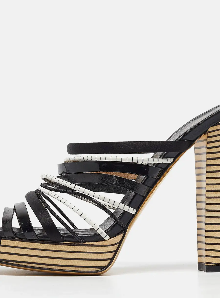 Fendi Black Leather and Satin Strappy Platform Slide Sandals Size 41