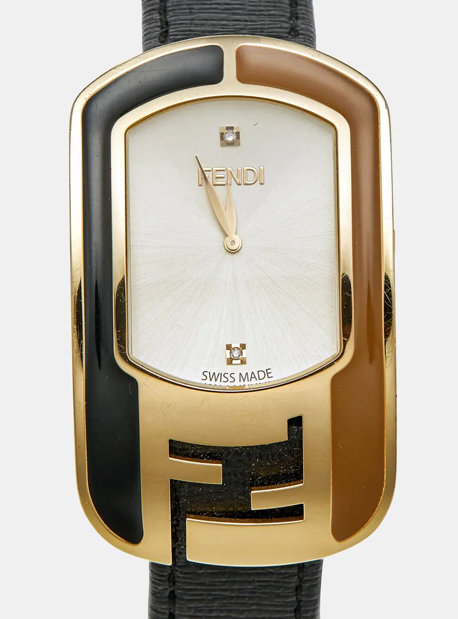 Fendi Chameleon 30000M Champagne Dial Gold Plated Stainless Steel Leather Diamond Women's Wristwatch 29 mm