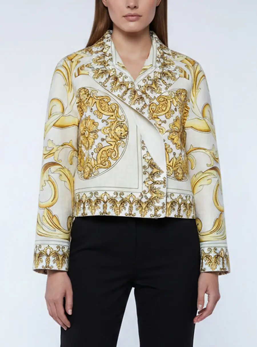 Fendace Cream Baroque Print Wool Reversible Cropped Jacket M