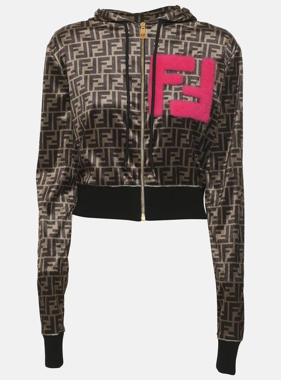 Fendi x Versace Fendace All-Over FF Monogram Velvet Cropped Zip-Up Hoodie S