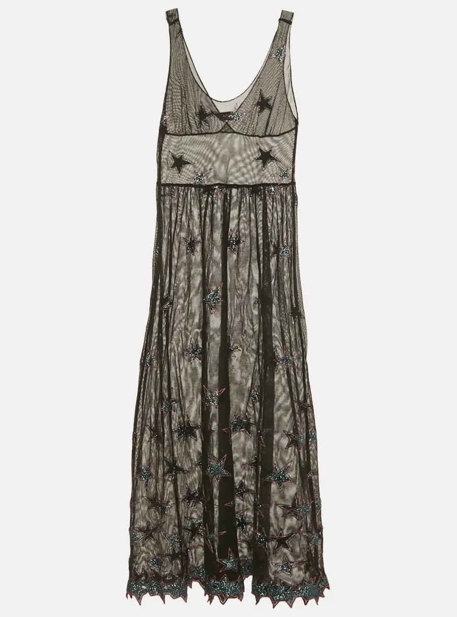 Fleur du Mal Black Star Embroidered Mesh Sheer Midi Dress M