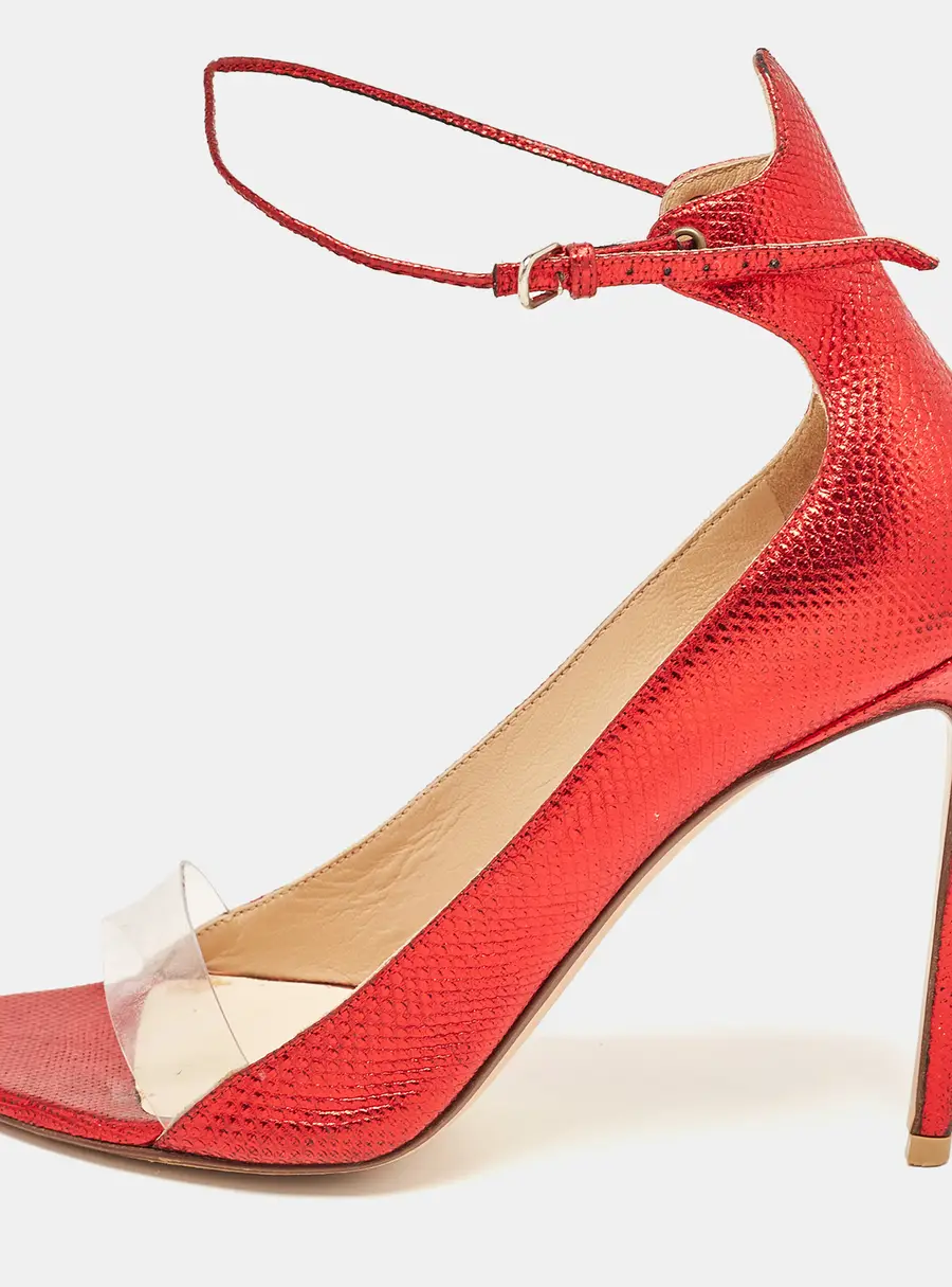 Francesco Russo Red Leather and PVC Open Toe Ankle Strap Pumps Size 38