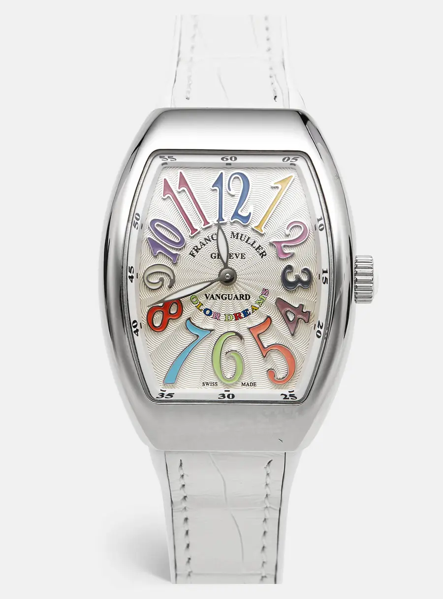 Franck Muller Vanguard Color Dreams AC BC V 32 QZ Silver Dial Stainless Steel Alligator Leather Rubber Women's Wristwatch 32 mm