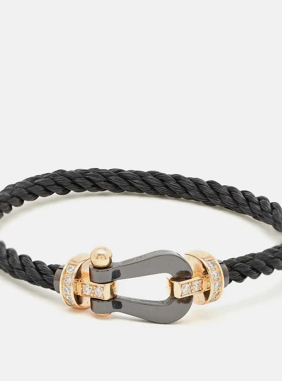 Fred Force 10 Diamond Ceramic 18k Rose Gold Black Cable Large Model Bracelet 16