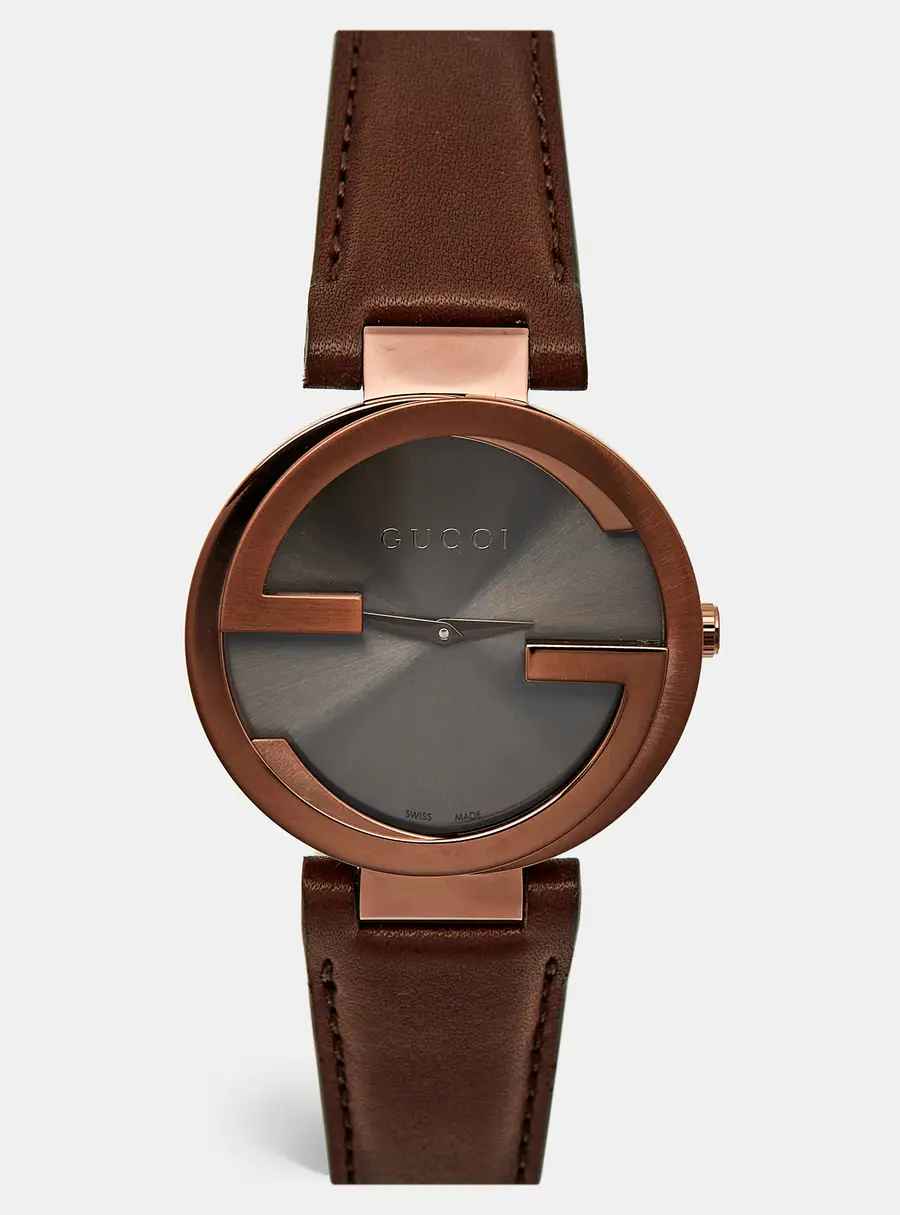 Gucci Interlocking G YA133309 Slate Grey Dial PVD Coated Stainless Steel Calf Leather Women's Wristwatch 37 mm