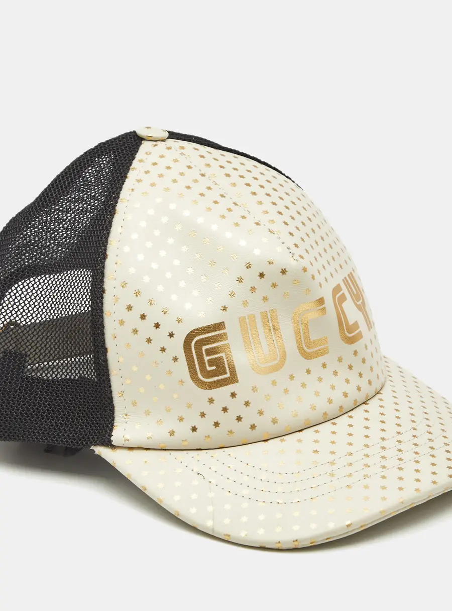 Gucci White Stars/Guccy Print Leather & Mesh Baseball Cap L