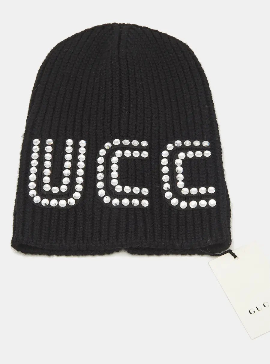Gucci Black Crystal Guccy Detail Rib Knit Beanie M