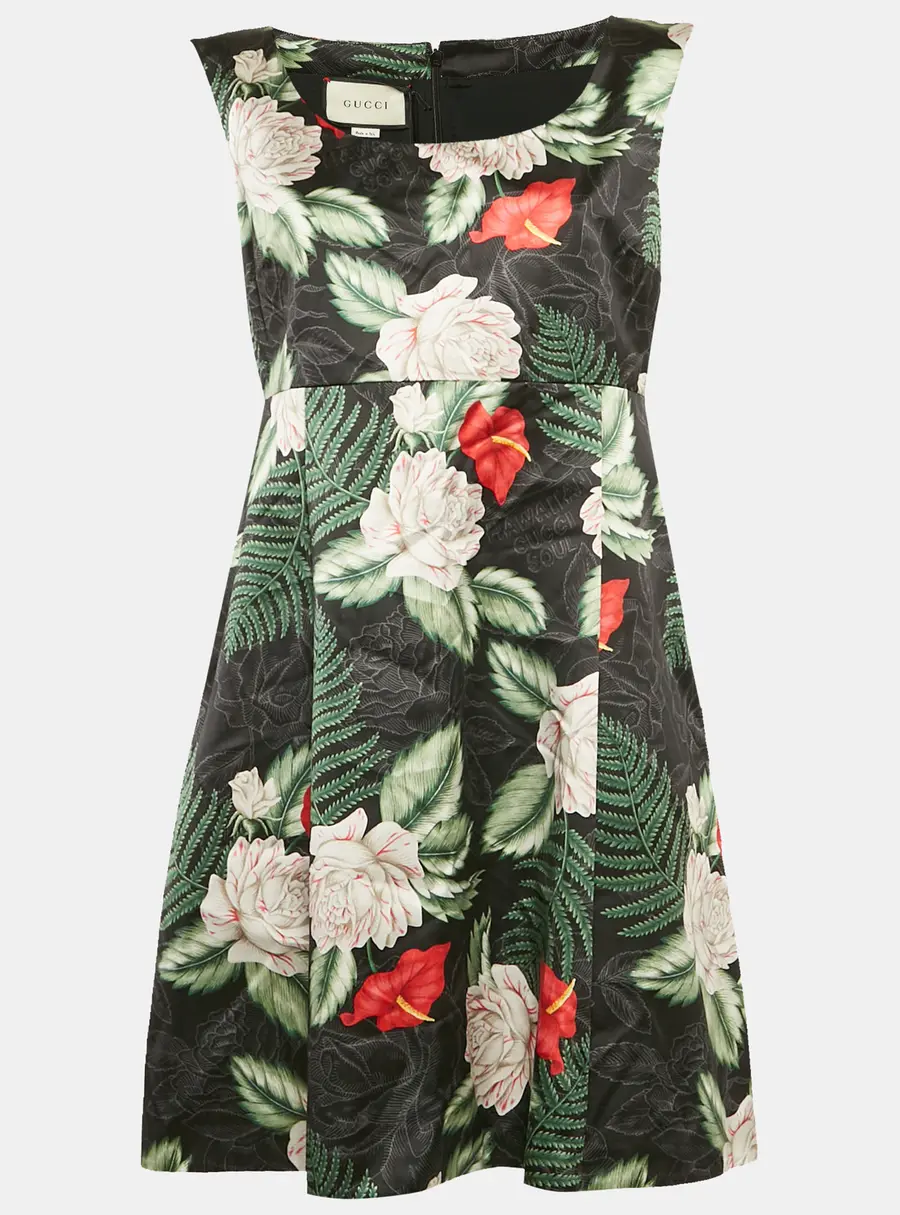Gucci Black Printed Satin Silk Sleeveless Short Dress L