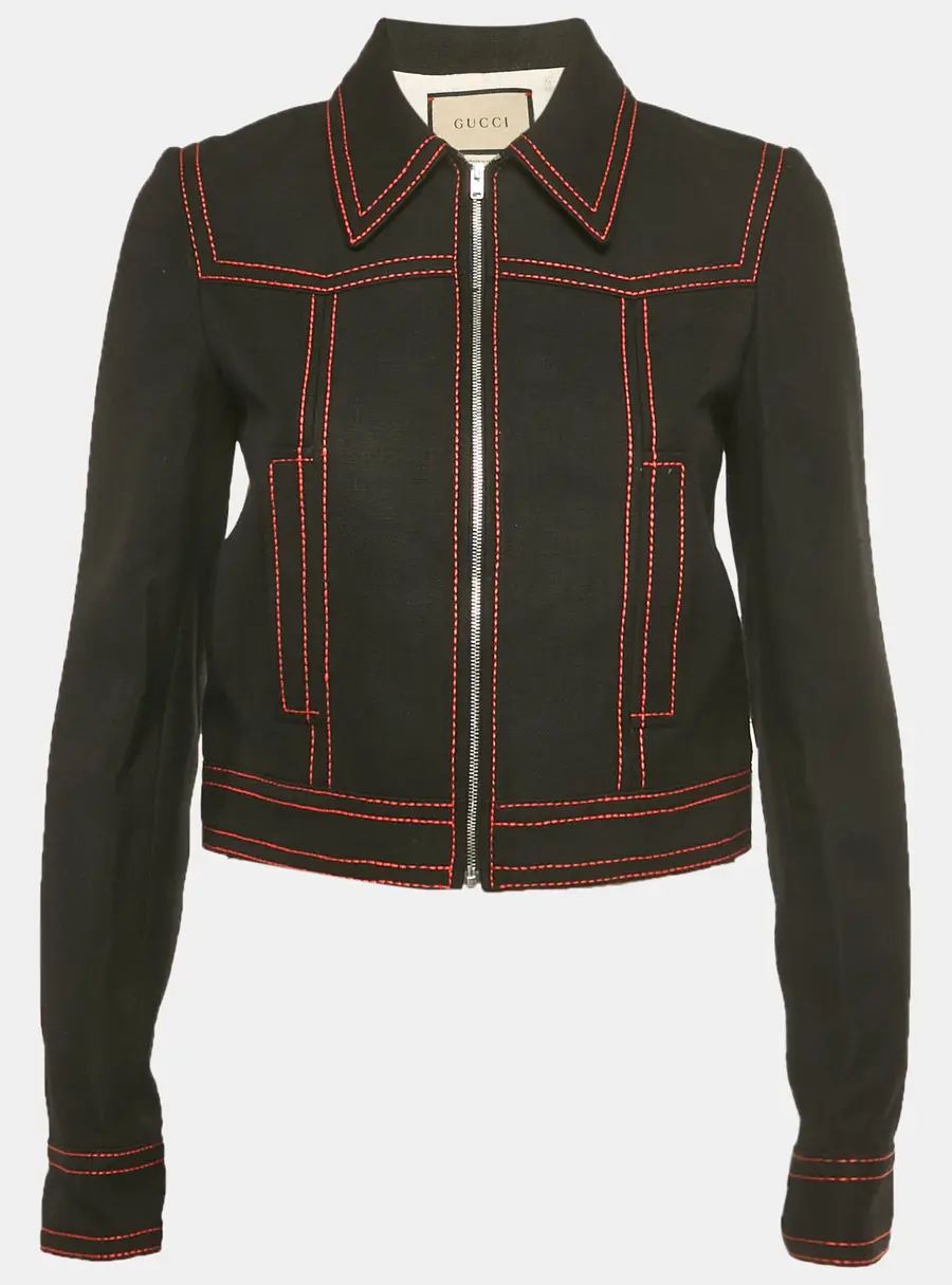 Gucci Black Denim Hoywood Babylon Embellised Zip Front Jacket XS