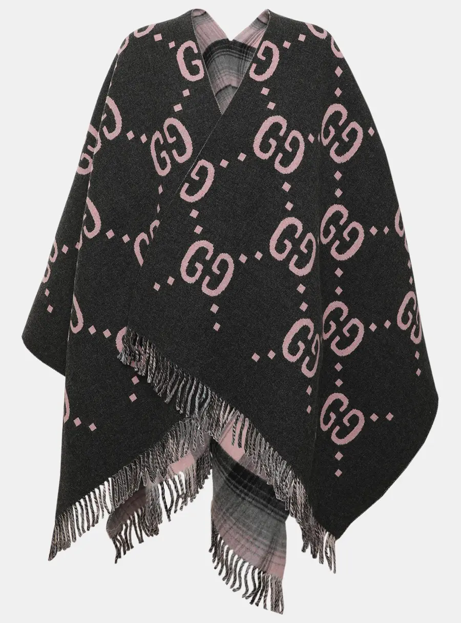 Gucci Dark Grey/Pink GG Logo Wool Reversible Poncho/Cape