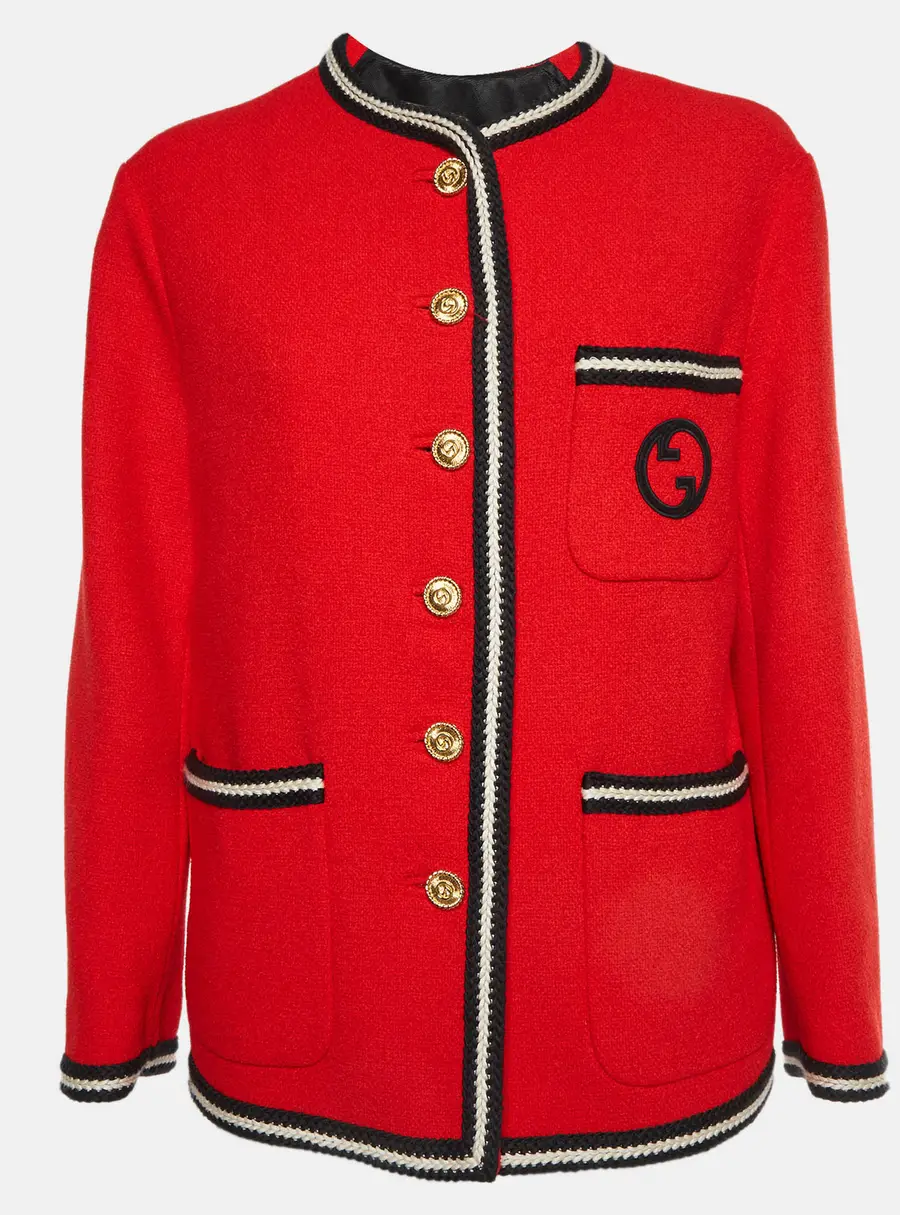Gucci Red Wool Blend Tweed Braided Trim Jacket S