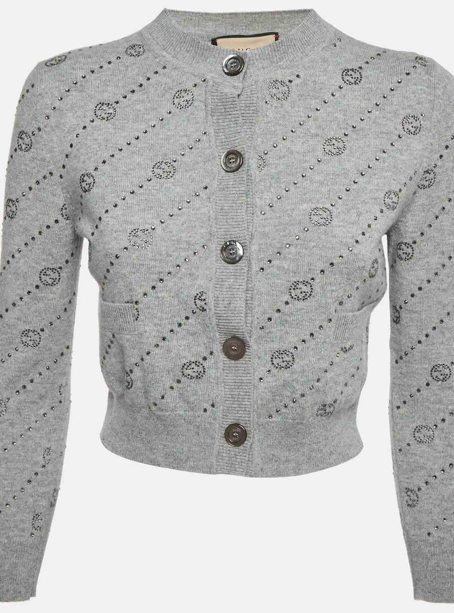 Gucci Grey Embellished Monogram Cashmere Cardigan XXS