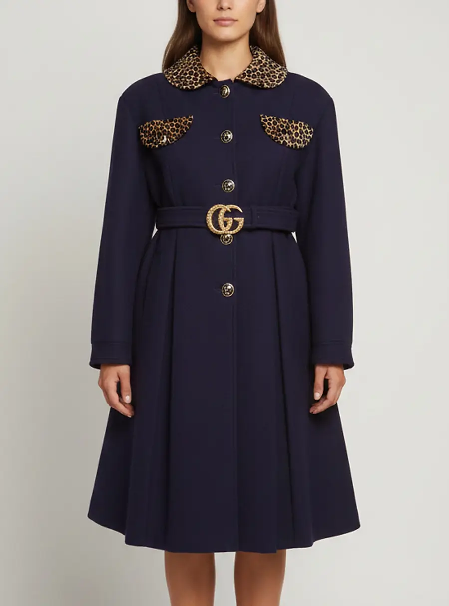 Gucci Navy Blue Leopard Print Trim Felt Wool Coat S