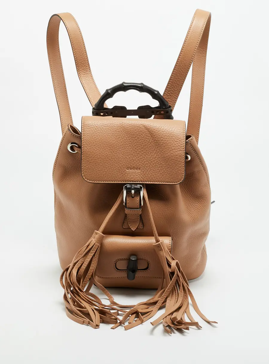 Gucci Bamboo Tassel Beige Leather Drawstring Backpack