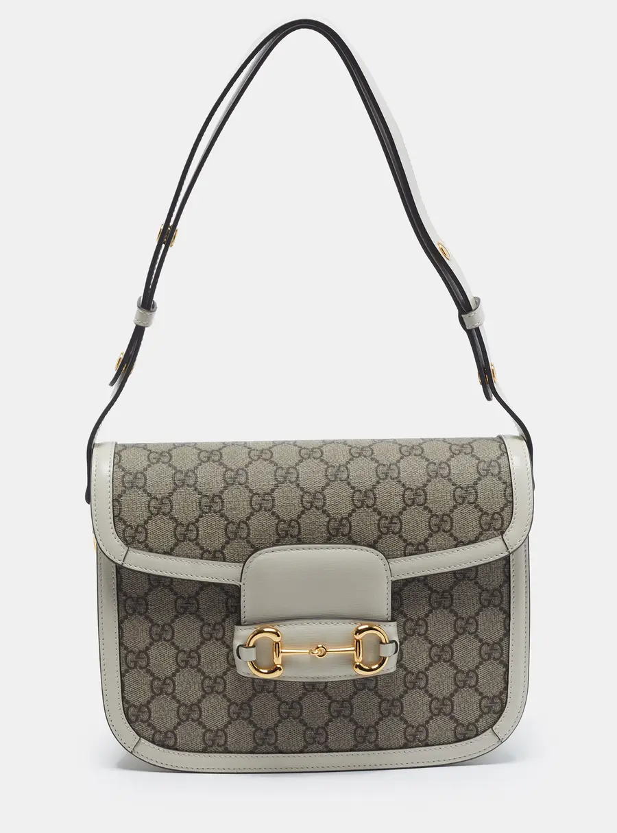Gucci Horsebit 1955 Medium Beige/White GG Supreme Canvas and Leather Shoulder Bag