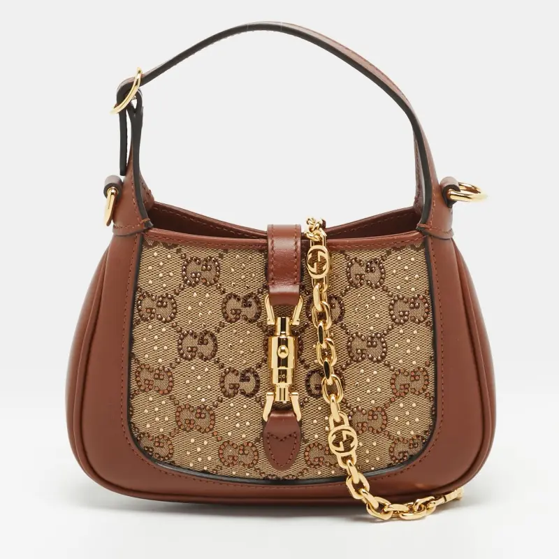 Gucci Jackie 1961 Mini Beige/Brown Crystal GG Canvas and Leather Shoulder Bag