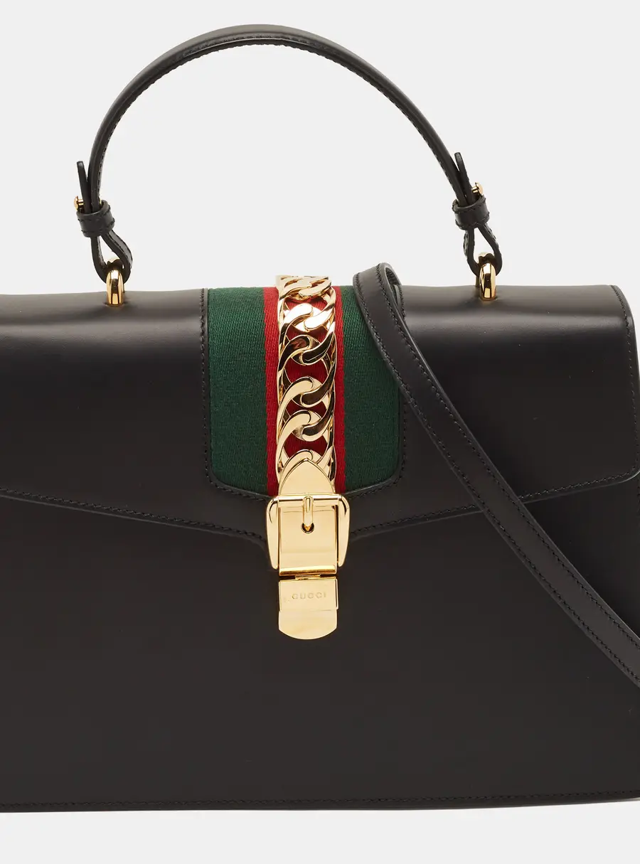 Gucci Sylvie Medium Black Leather Top Handle Bag