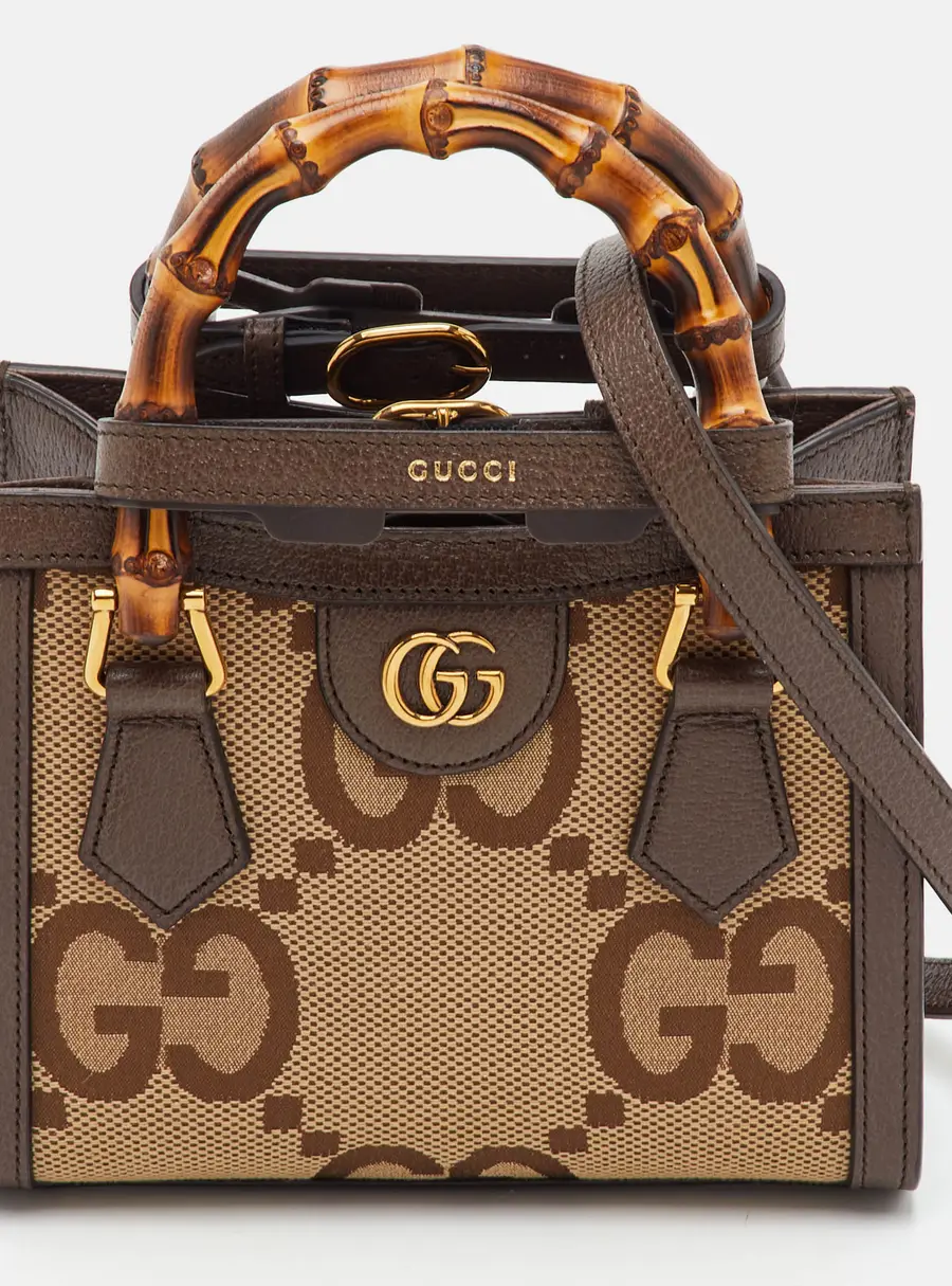 Gucci Bamboo Diana Small Beige/Brown GG Jumbo Canvas and Leather Tote