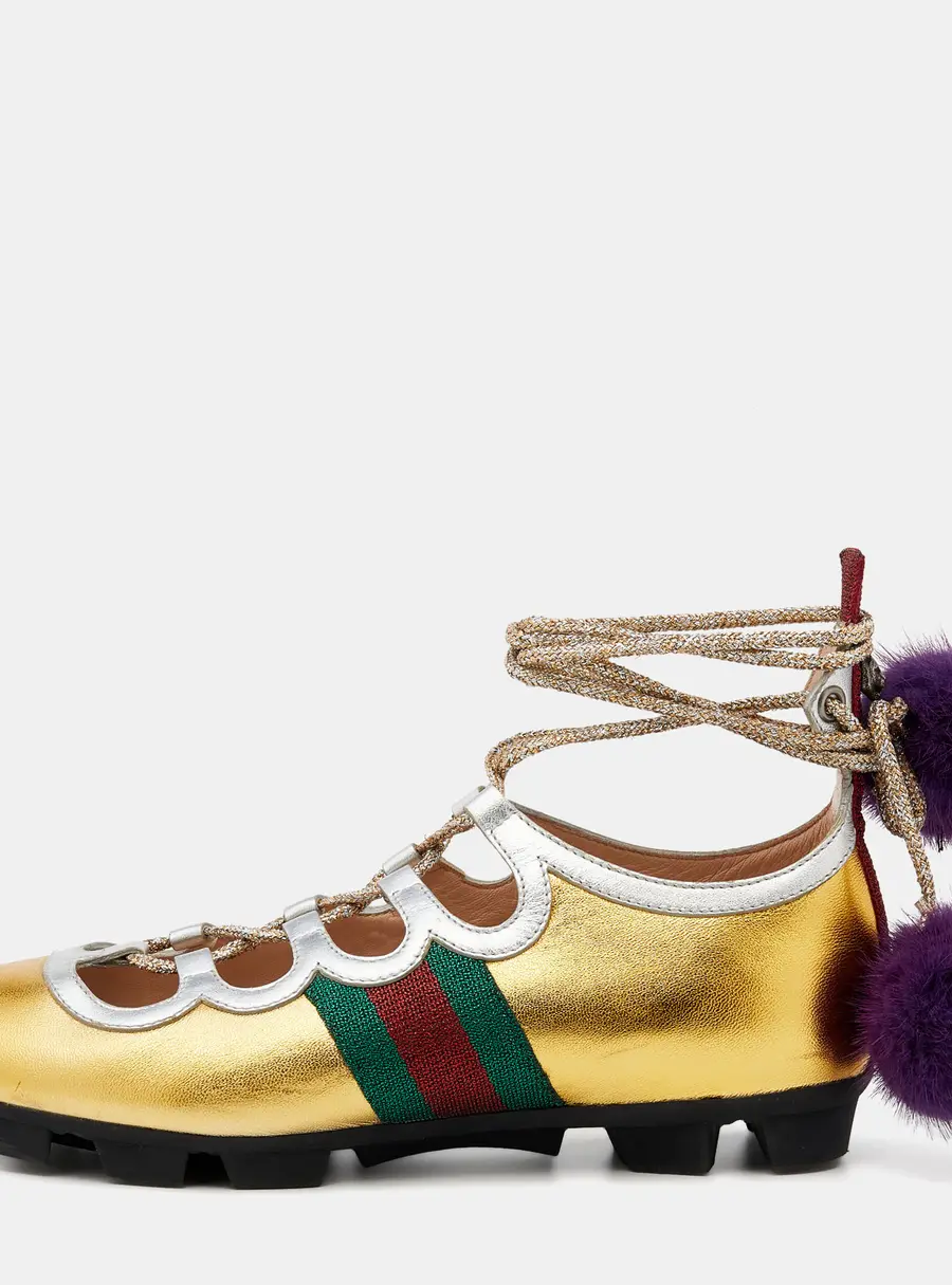 Gucci Titan Size 38 Gold Leather Pom-Pom Tie Up Lace Up Sneakers
