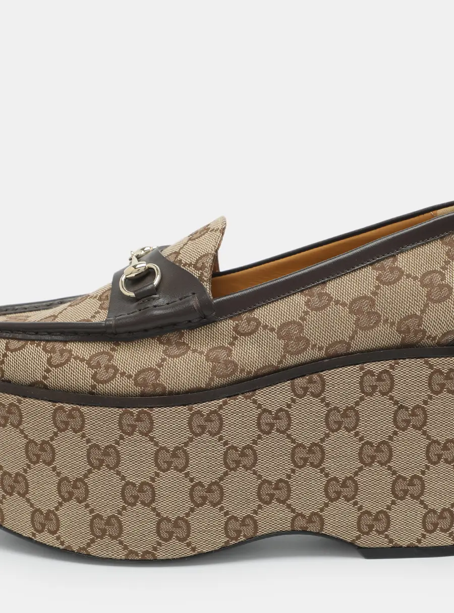 Gucci Horsebit Size 38 Beige GG Canvas and Leather Loafers
