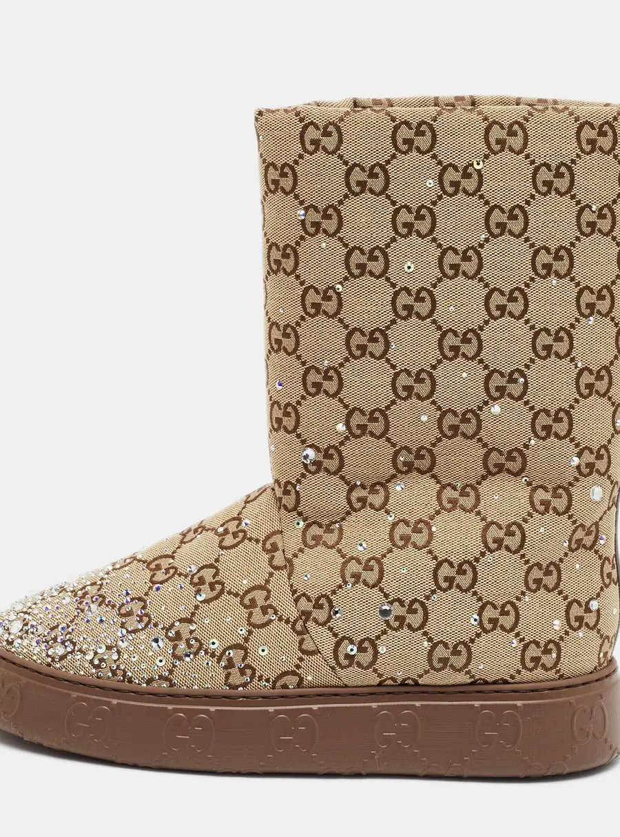 Gucci Size 38.5 Brown Microguccissima Canvas and Leather Crystal Embellished Snow Boots