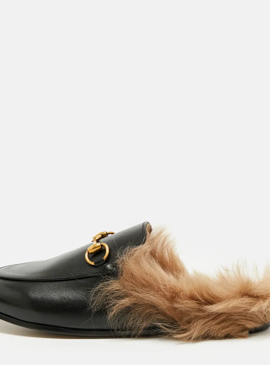 Gucci Princetown Size 36.5 Black Leather and Shearling Horsebit Flat Mules