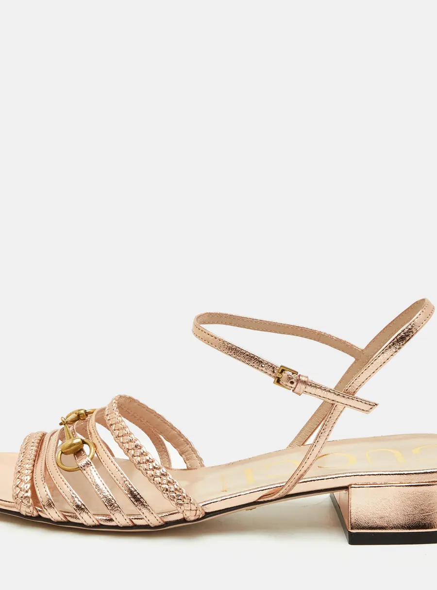 Gucci Horsebit Size 39 Metallic Leather Ketty Braided Ankle Strap Sandals
