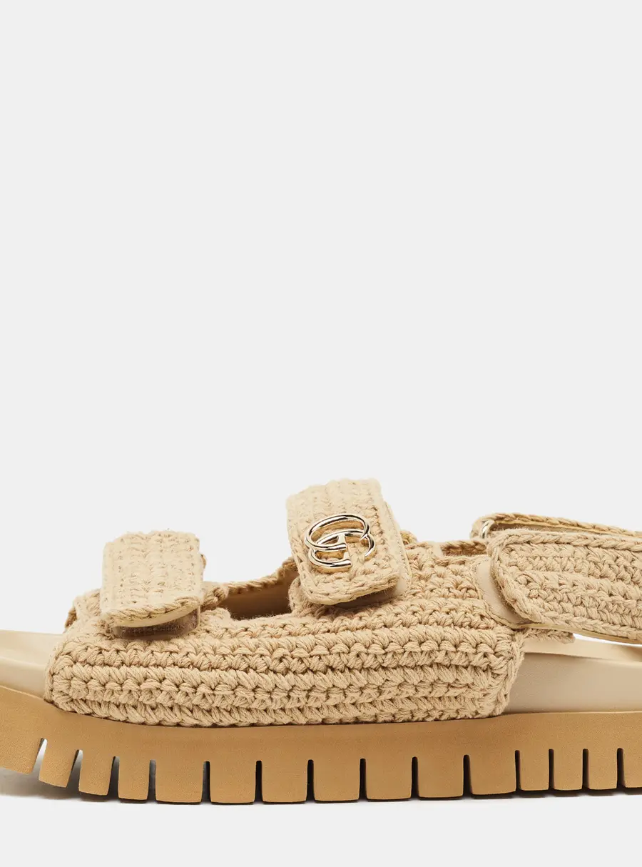 Gucci Interlocking G Size 38.5 Beige Crochet Ankle Strap Sandals