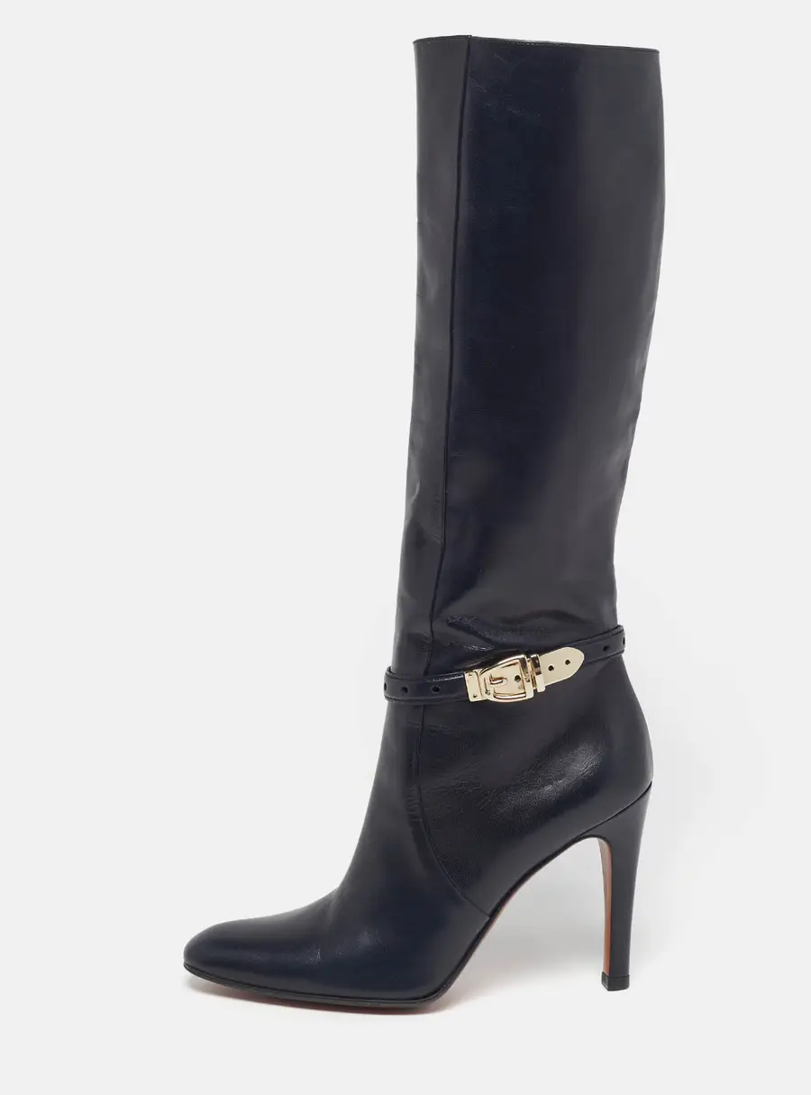 Gucci Elizabeth Size 37.5 Navy Blue Leather Knee Length Boots