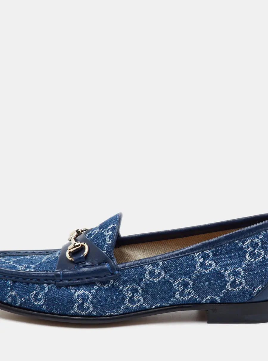 Gucci 1953 Horsebit Size 36 Navy Blue GG Denim and Leather Slip On Loafers