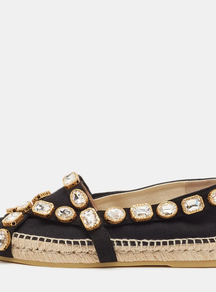 Gucci Pepita Crystal Embellished Size 37 Black Canvas Espadrille Flats