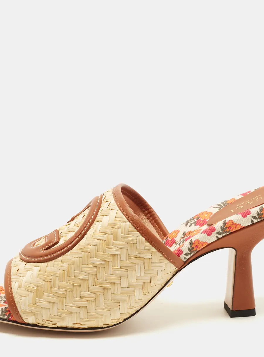 Gucci Interlocking G Size 38.5 Brown Leather and Raffia Slide Sandals