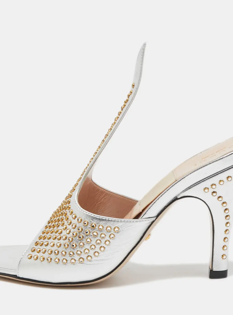 Gucci Silver Leather Studded Cone Slide Sandals Size 36.5