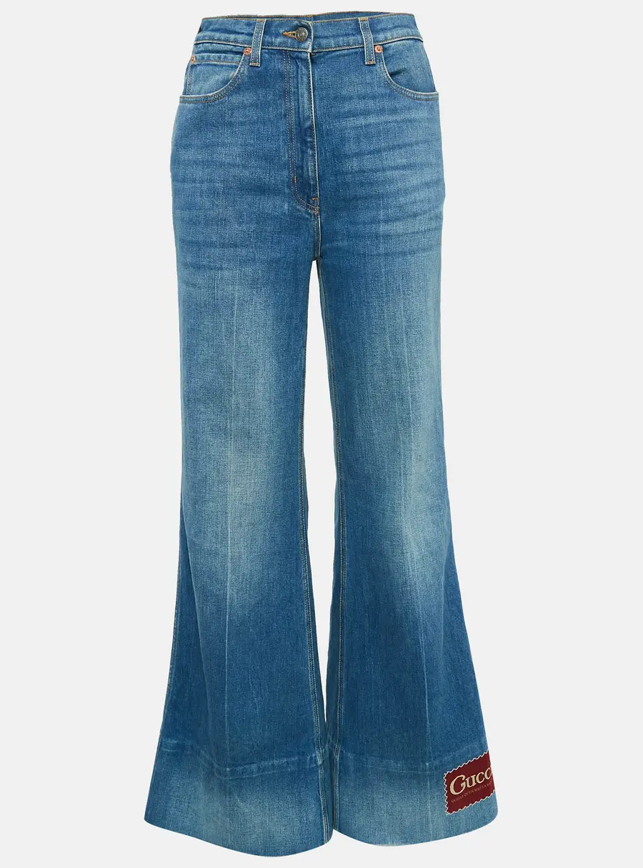 Gucci Blue Washed Denim Logo Patch Flared Jeans S Waist 26"