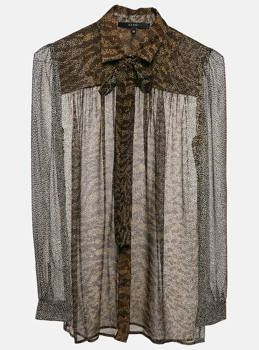 Gucci Brown Printed Chiffon Tie-Up Detail Sheer Shirt S