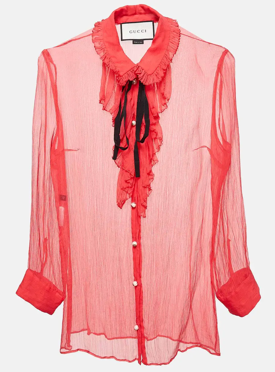 Gucci Pink Chiffon Ruffled Sheer Shirt M