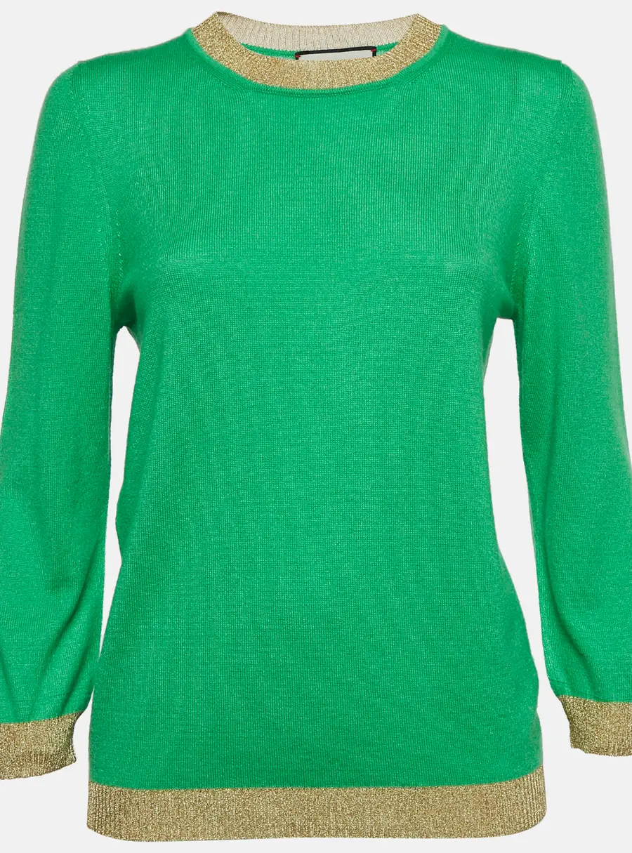 Gucci Green Lurex Trim Cashmere Knit Long Sleeve Top L