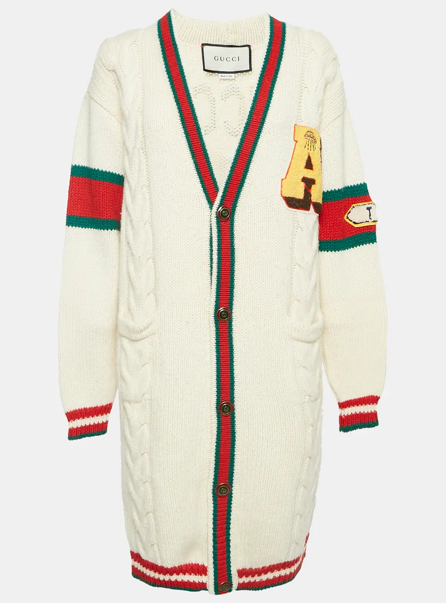 Gucci Cream Cable Knit Web Trim Applique Detail Cardigan M