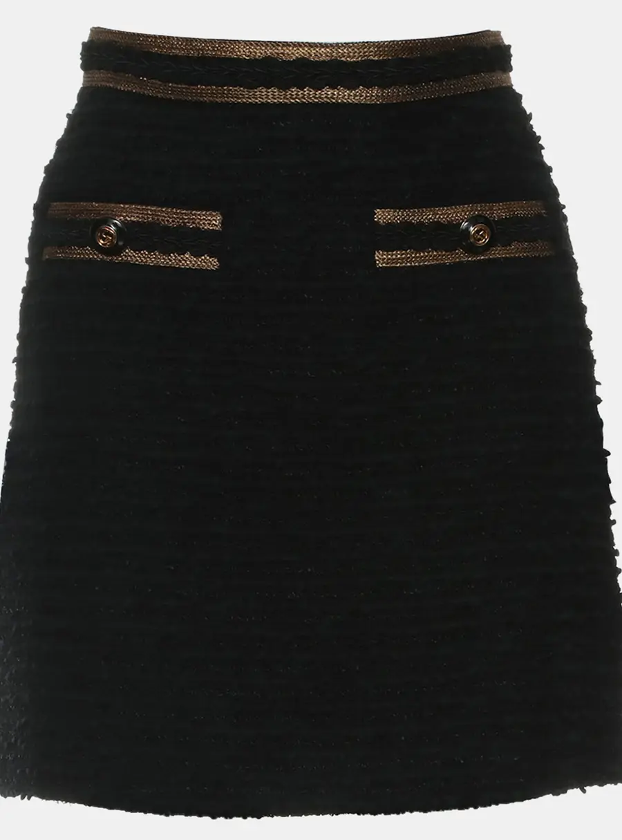 Gucci Black & Gold Wool Tweed GG Logo Button Mini Skirt S