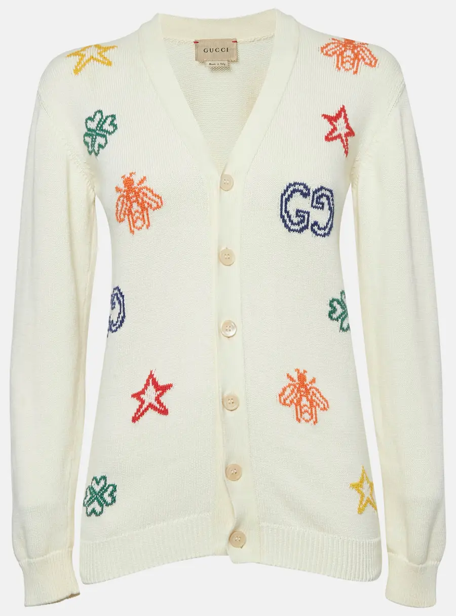 Gucci Cream Intarsia Cotton Knit Cardigan XL