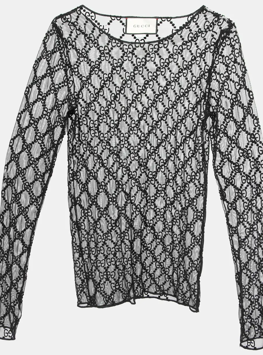 Gucci Black GG Embroidered Tulle Long Sleeve Sheer Top S