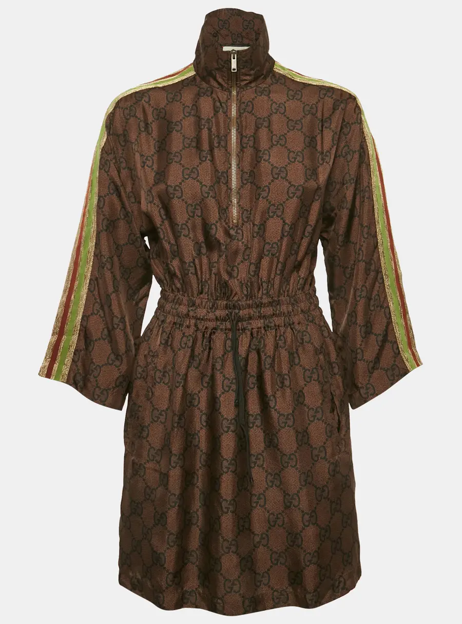 Gucci Brown GG Monogram Print Silk Contrast Tape Trimmed Mini Dress S