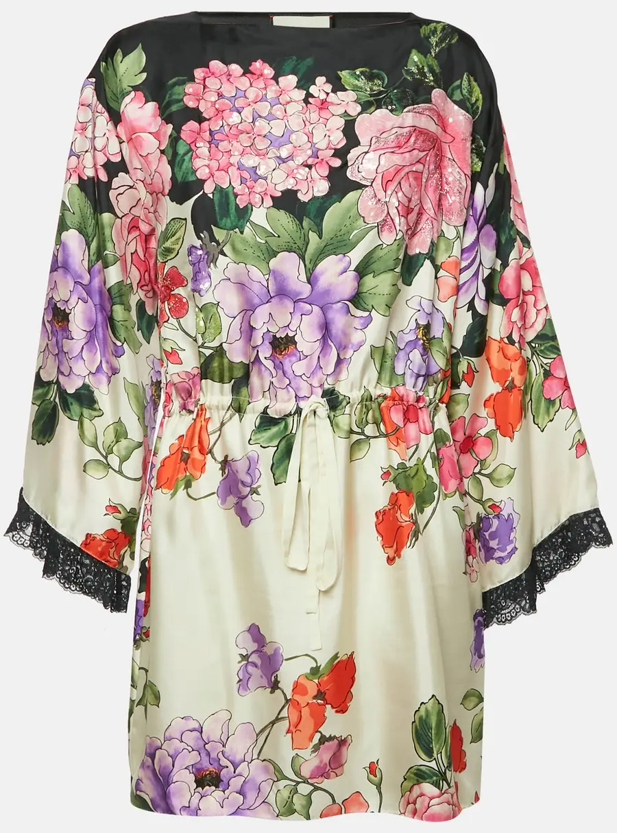 Gucci Black/Cream Floral Print Silk Cinched Waist Short Dress XS