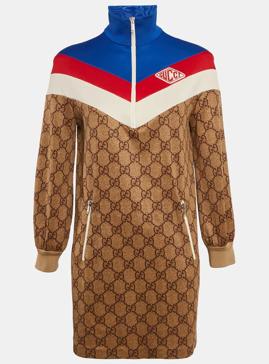 Gucci Brown GG Monogram Print Technical Jersey Web Detail Mini Dress XS